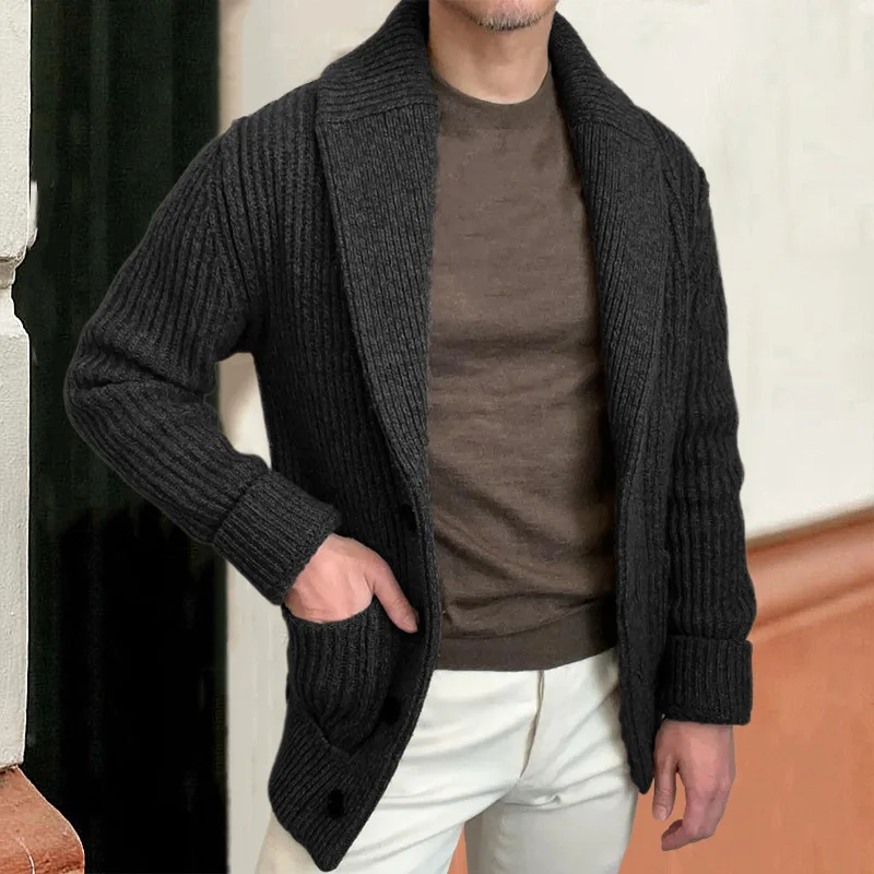 Down Jacket Packable - Herrenpullover, Strickjacke, Revers, lange Ärmel, Retro-Knopfverschluss,