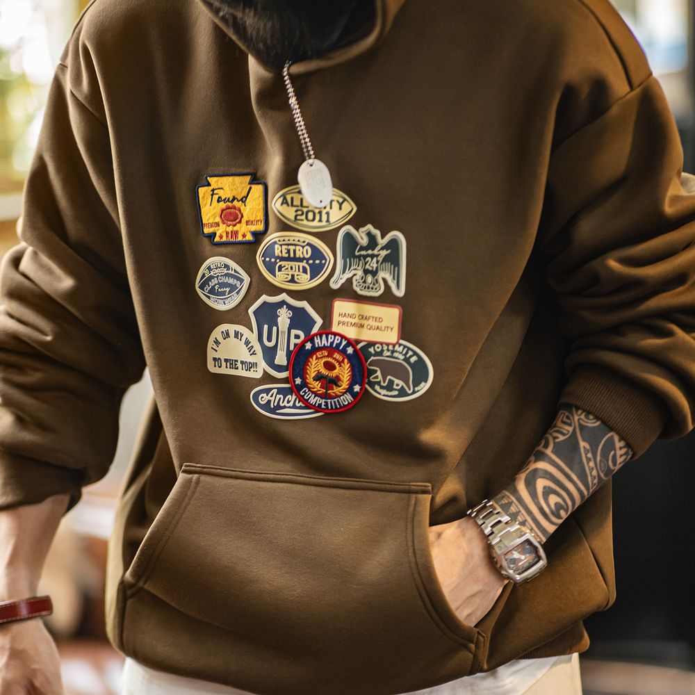 Sherpa Hoodie Fleece - Maden Vintage Herren-Kapuzenpullover mit besticktem Abzeichen,